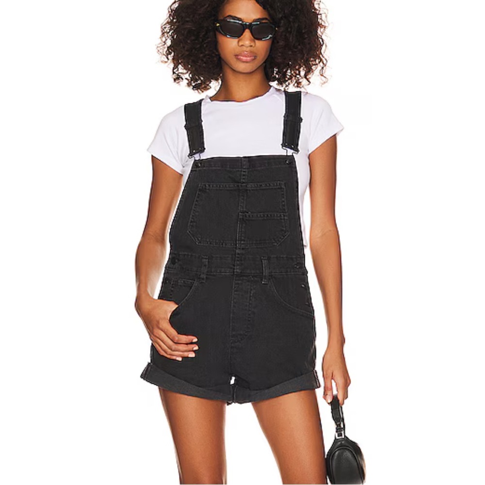 We The Free Black Denim Short Overalls